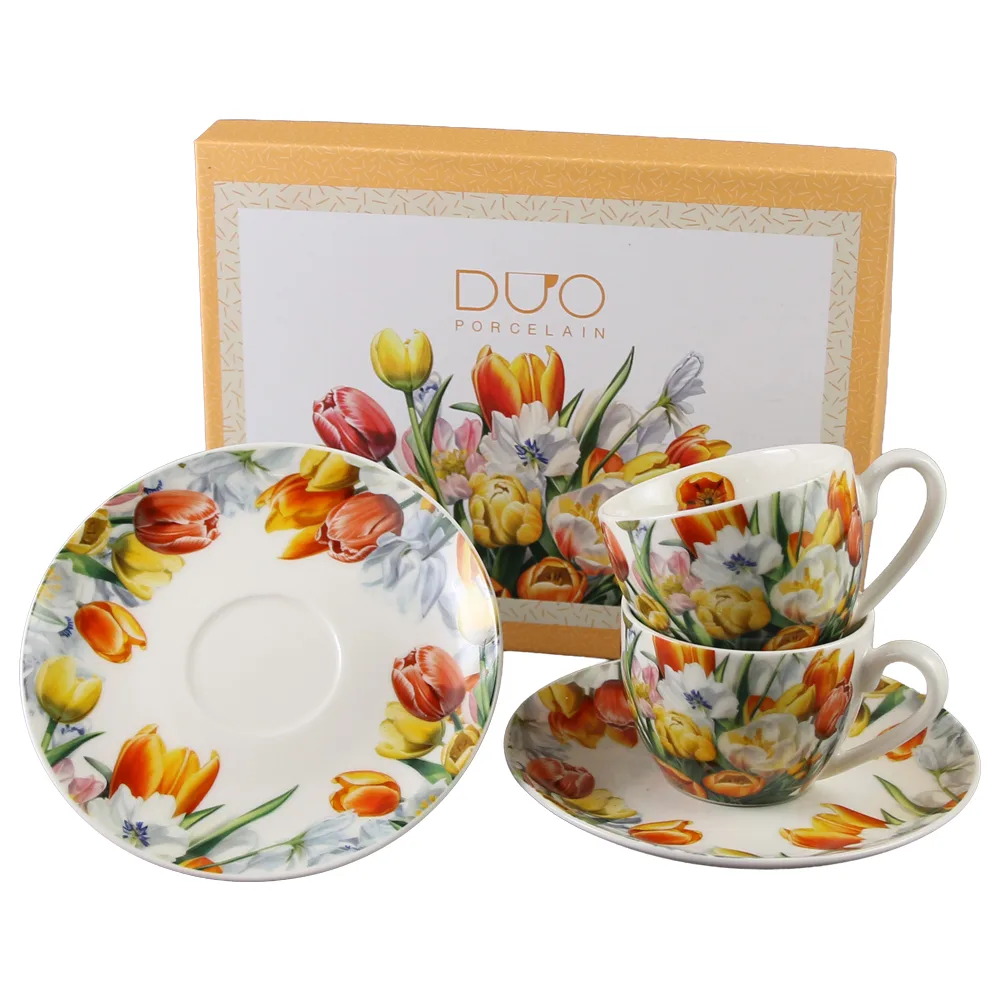 Set 2 cesti espresso cu farfurii din portelan 110 ml "Tulipany" in cutie decorativa