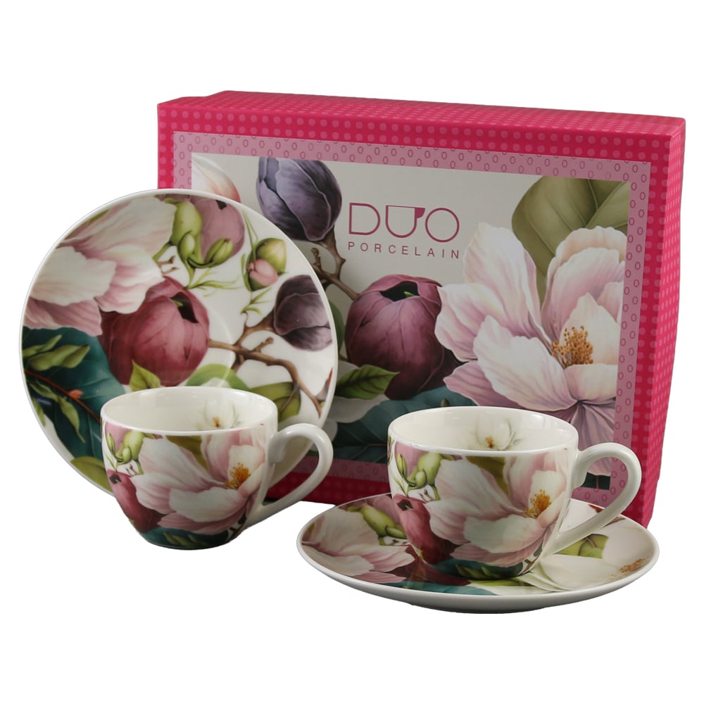 Set 2 cesti espresso cu farfurii din portelan 110 ml "Magnolie" in cutie decorativa Set 2 cesti espresso cu farfurii din portelan 110 ml "Magnolie" in cutie decorativa