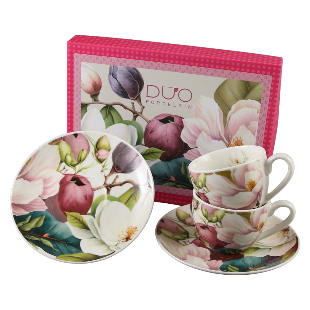 Set 2 cesti espresso cu farfurii din portelan 110 ml "Magnolie" in cutie decorativa Set 2 cesti espresso cu farfurii din portelan 110 ml "Magnolie" in cutie decorativa
