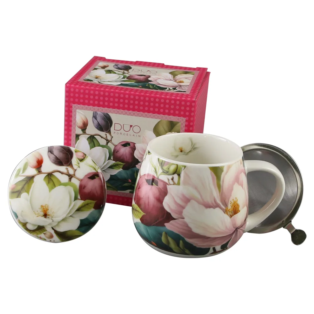 Cana portelan cu infuzor metalic si capac 430 ml "Magnolie" in cutie decorativa Cana portelan cu infuzor metalic si capac 430 ml "Magnolie" in cutie decorativa