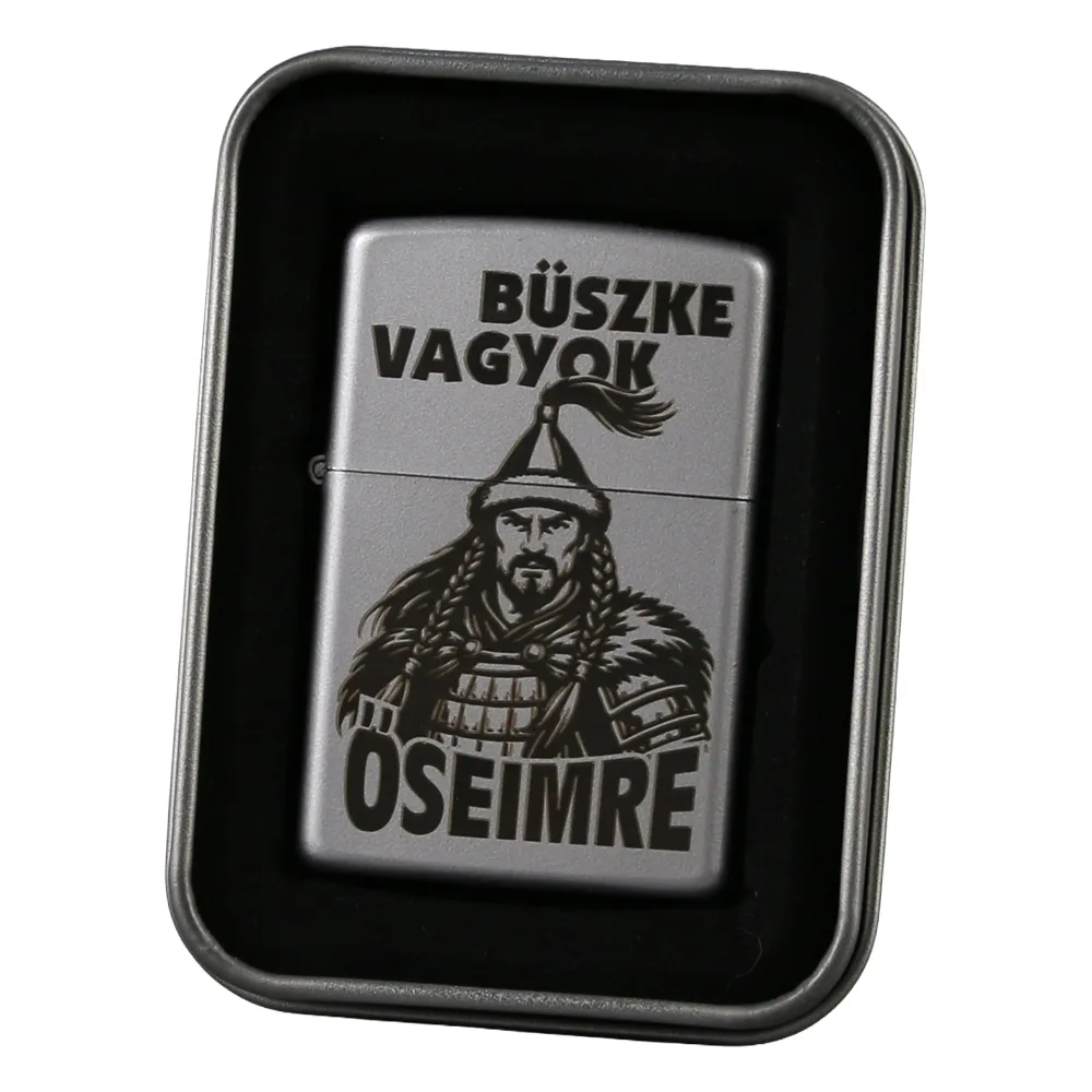 Bricheta metalica gravata "Buszke vagyok az Oseimre" 3.5 x 5.5 cm