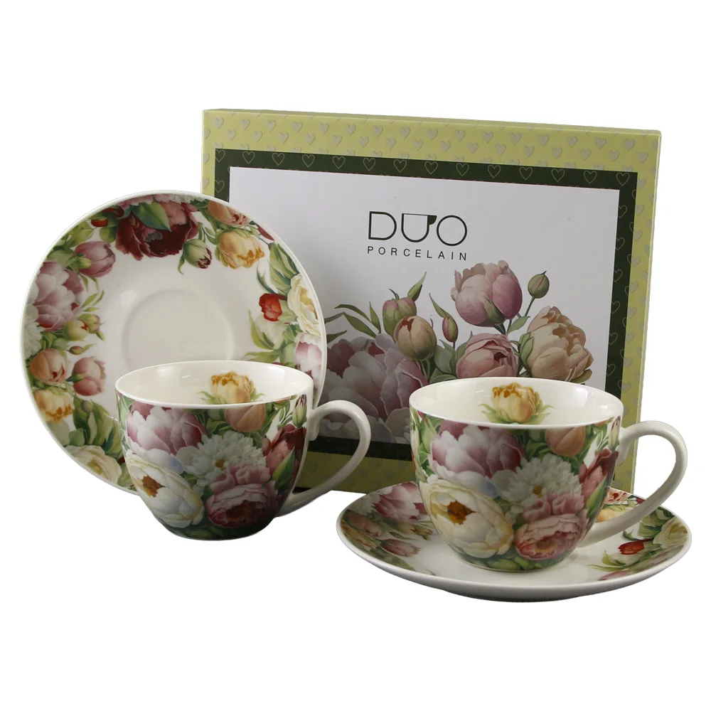 Set 2 cesti cu farfurii din portelan 270 ml "Peonies" in cutie decorativa Set 2 cesti cu farfurii din portelan 270 ml "Peonies" in cutie decorativa
