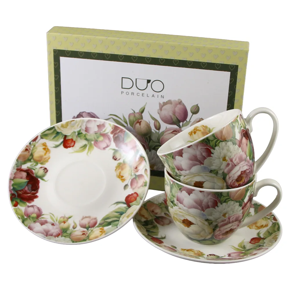 Set 2 cesti cu farfurii din portelan 270 ml "Peonies" in cutie decorativa Set 2 cesti cu farfurii din portelan 270 ml "Peonies" in cutie decorativa