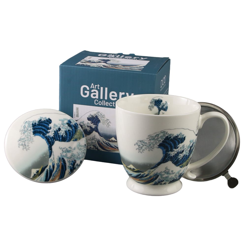 Cana portelan cu infuzor metalic si capac 510 ml "The Great Wave" de K. Hokusai in cutie decorativa Cana portelan cu infuzor metalic si capac 510 ml "The Great Wave" de K. Hokusai in cutie decorativa