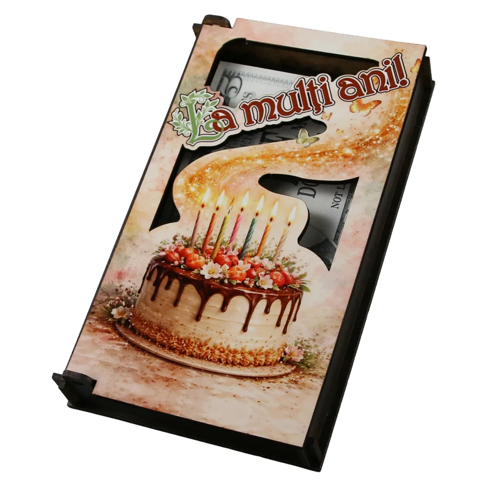 Caseta cadou din lemn pentru bani "La multi ani!" 17.5 x 10 cm Caseta cadou din lemn pentru bani "La multi ani!" 17.5 x 10 cm