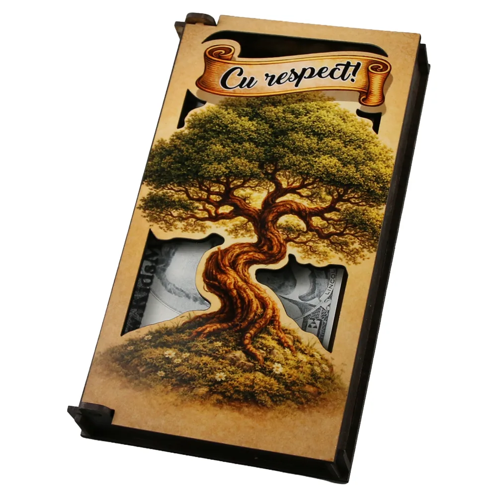 Caseta cadou din lemn pentru bani "Cu Respect!" 17.5 x 10 cm Caseta cadou din lemn pentru bani "Cu Respect!" 17.5 x 10 cm