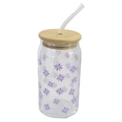 Borcan pentru bauturi cu pai si capac 500 ml cu motive florale