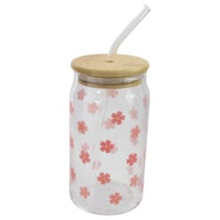 Borcan pentru bauturi cu pai si capac 500 ml cu motive florale