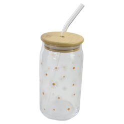 Borcan pentru bauturi cu pai si capac 500 ml cu motive florale