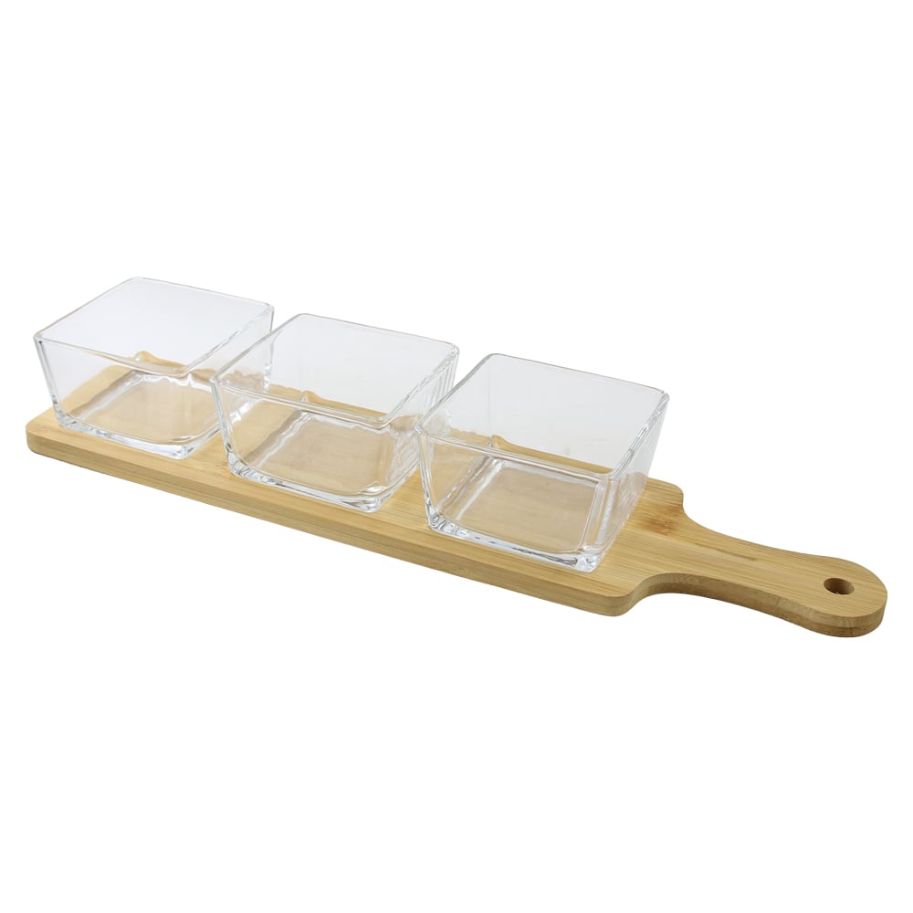 Set 3 boluri din sticla cu suport bambus 40 x 10 x 6 cm Set 3 boluri din sticla cu suport bambus 40 x 10 x 6 cm