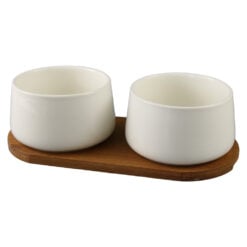 Set de servire cu 2 boluri ceramice si suport din bambus 21 x 10 cm