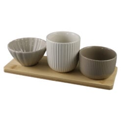 Set de servire cu 3 boluri ceramice si suport din bambus 25 x 9.5 cm