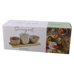 Set de servire cu 3 boluri ceramice si suport din bambus 25 x 9.5 cm