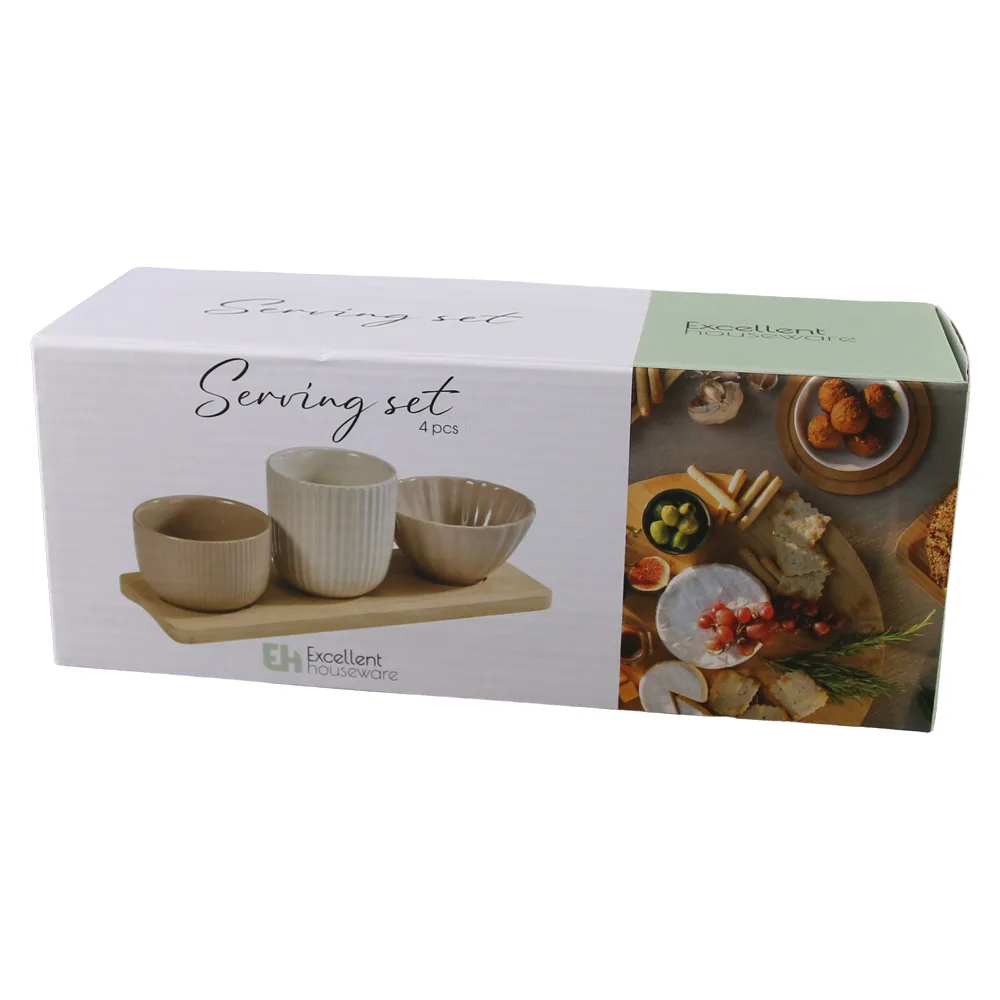 Set de servire cu 3 boluri ceramice si suport din bambus 25 x 9.5 cm