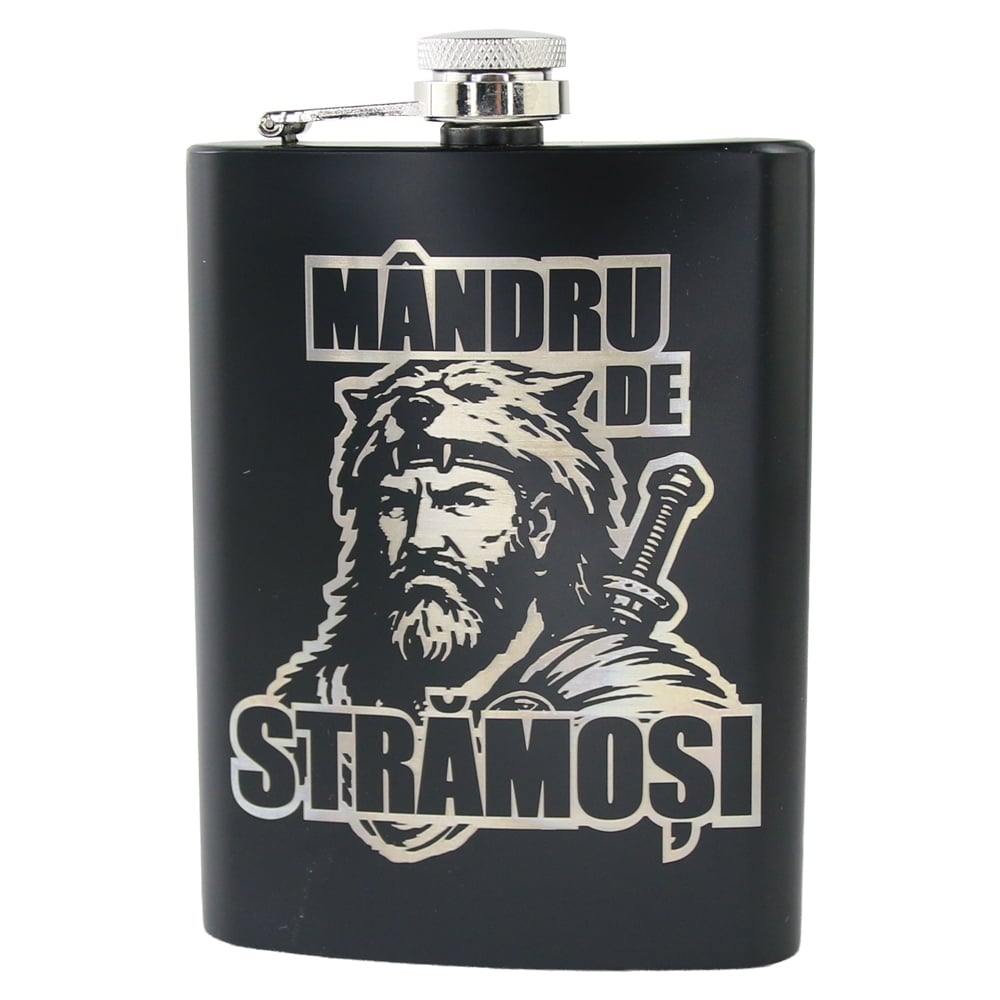 Plosca metalica gravata 220 ml "Mandru de Stramosi" Plosca metalica gravata 220 ml "Mandru de Stramosi"