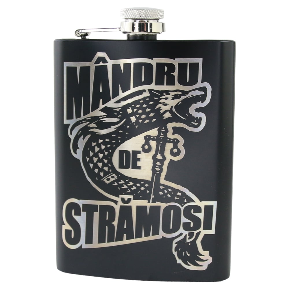 Plosca metalica gravata 220 ml "Mandru de Stramosi" Plosca metalica gravata 220 ml "Mandru de Stramosi"