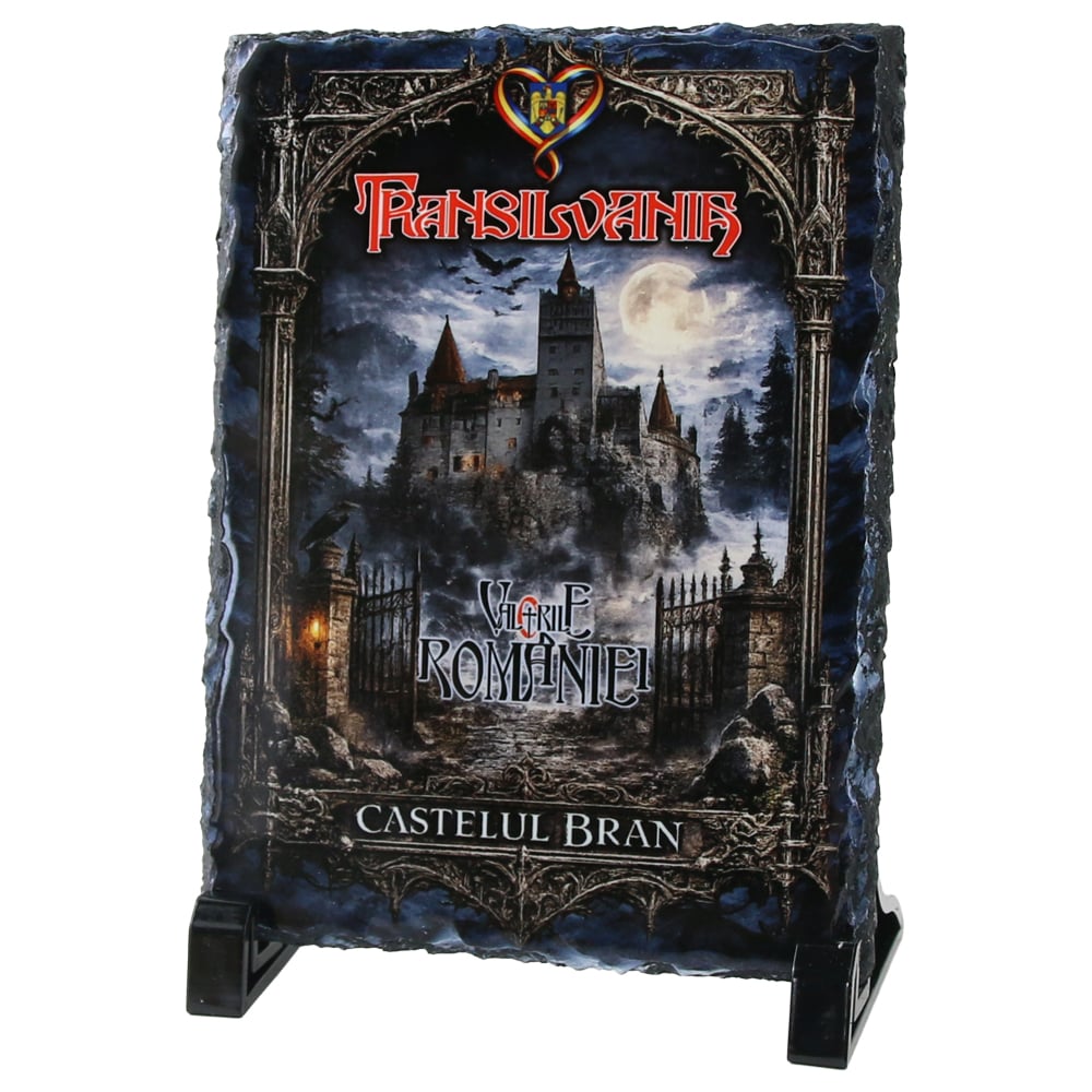 Placa ardezie "Castelul Bran - Valoriile Romaniei" 14 x 19 cm Placa ardezie "Castelul Bran - Valoriile Romaniei" 14 x 19 cm