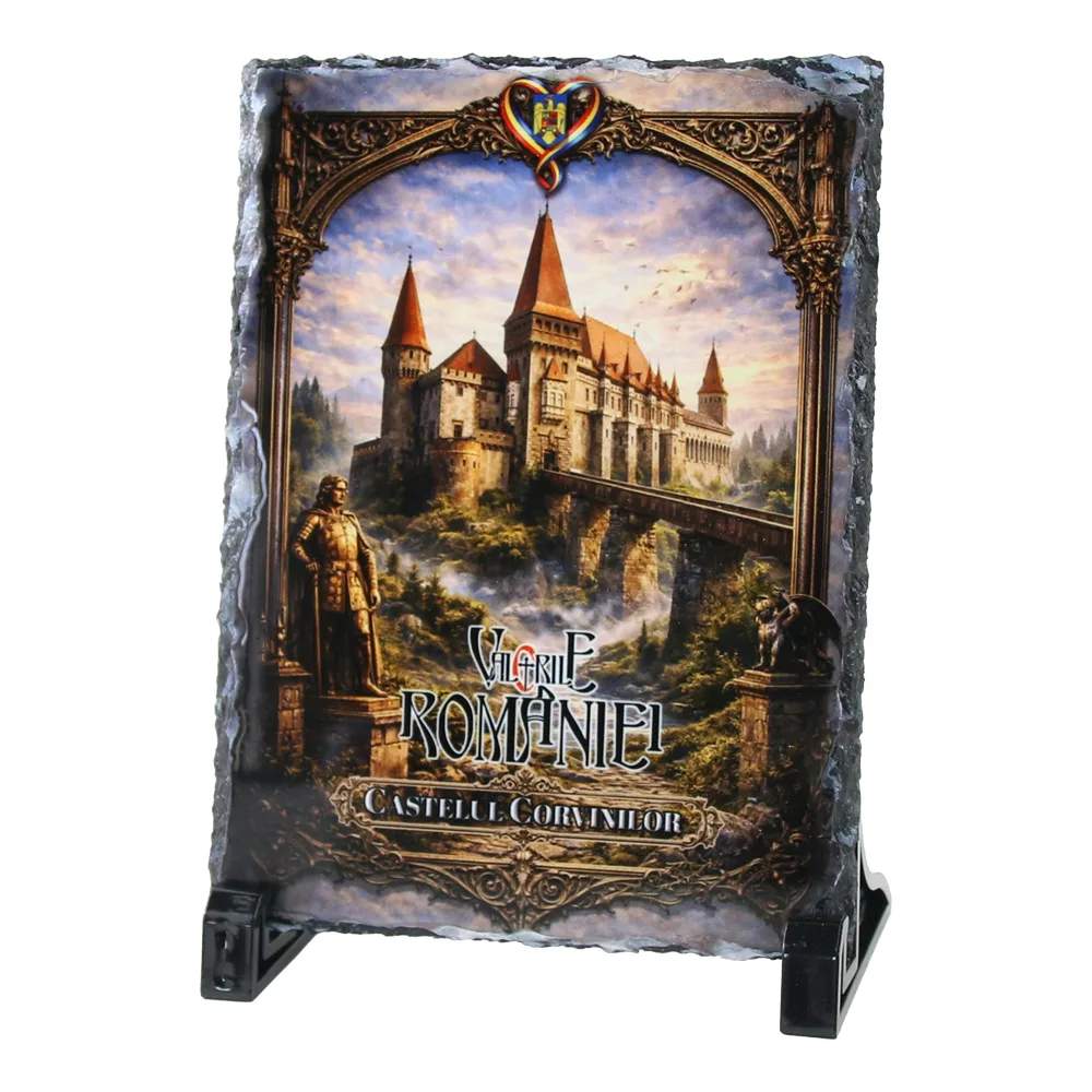 Placa ardezie "Castelul Corvinilor - Valoriile Romaniei" 14 x 19 cm Placa ardezie "Castelul Corvinilor - Valoriile Romaniei" 14 x 19 cm