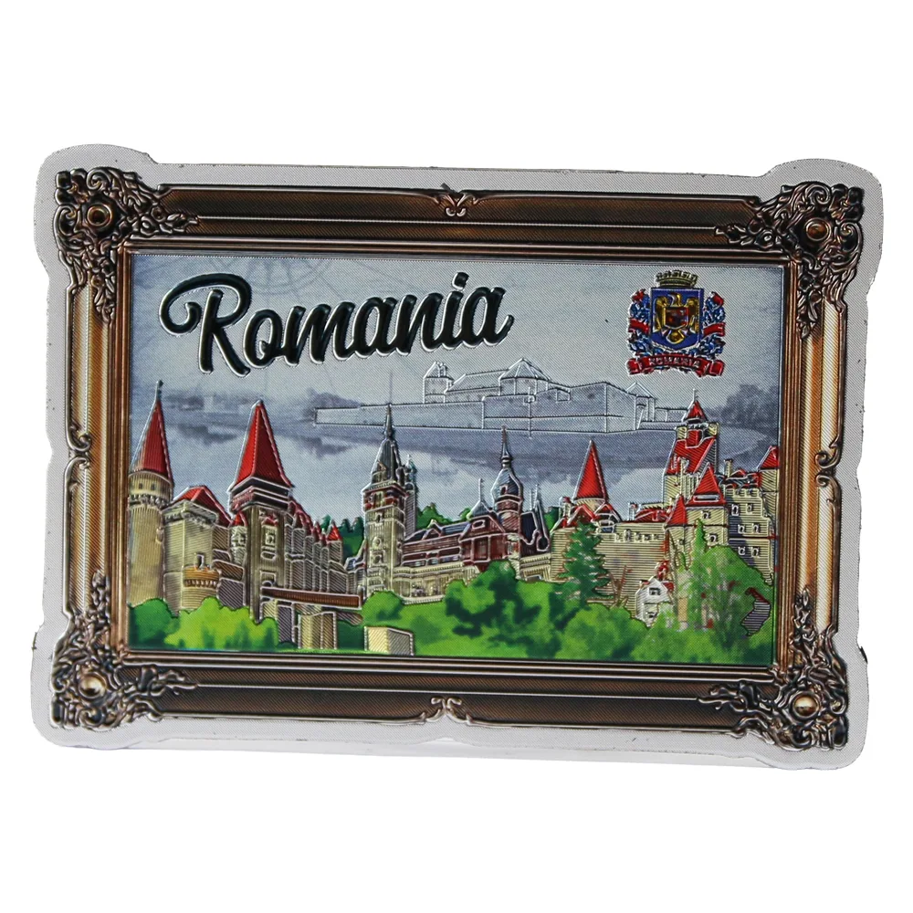 Magnet de frigider din plastic cu aspect metalic "Romania" 8.5 x 6.5 cm Castele