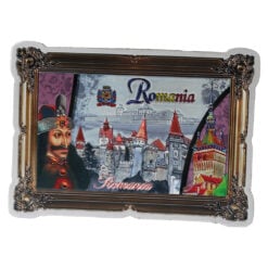 Magnet de frigider din plastic cu aspect metalic "Romania" 8.5 x 6.5 cm Castelul Bran