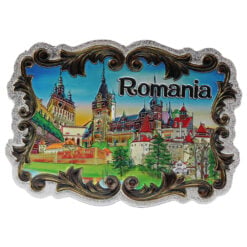 Magnet de frigider din plastic cu aspect metalic "Romania" 8.5 x 6 cm Castele