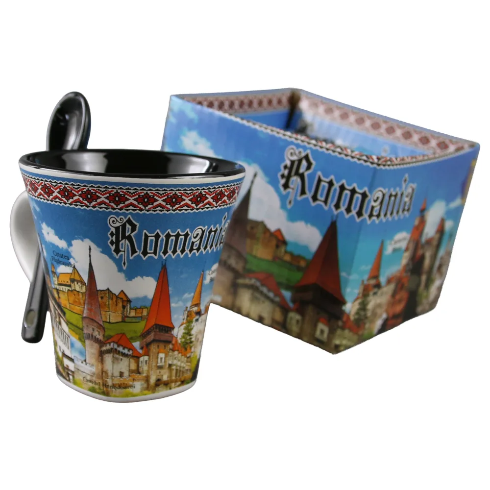 Cana din ceramica cu lingurita "Romania" 90 ml castele / Vlad Tepes