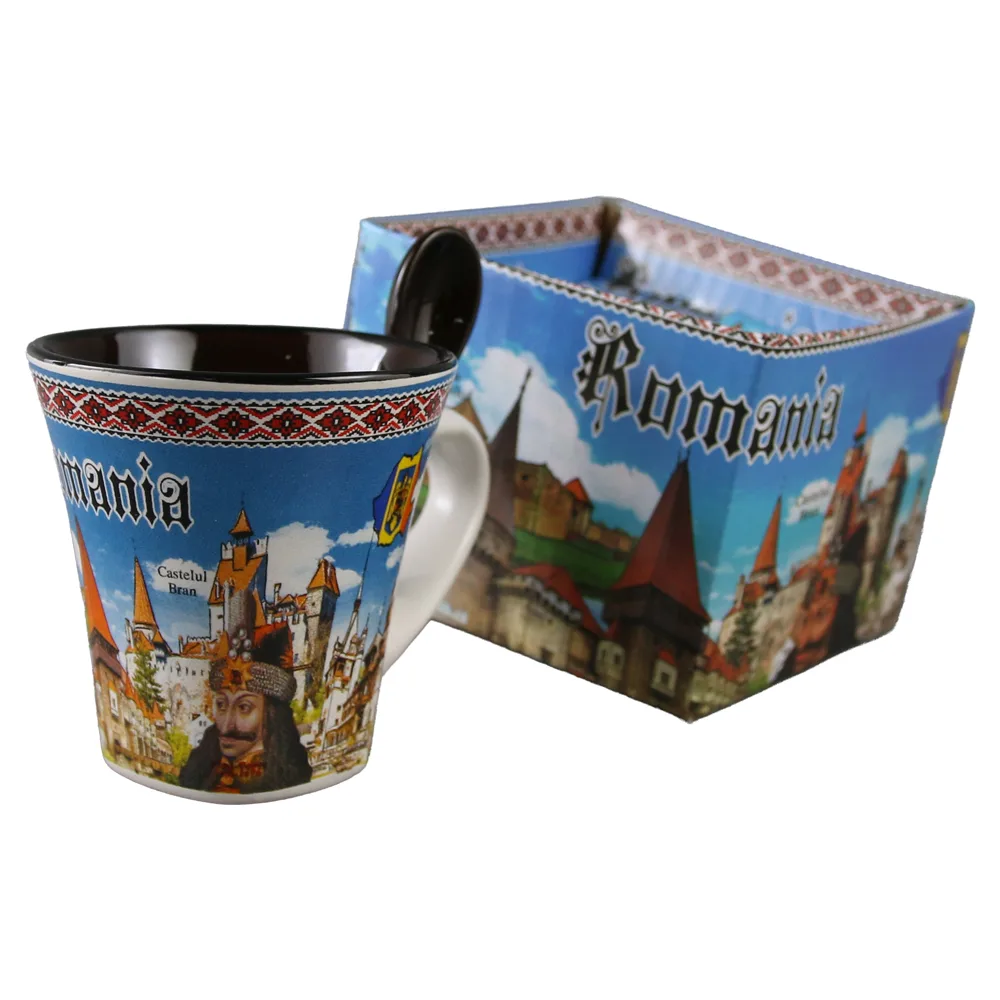 Cana din ceramica cu lingurita "Romania" 90 ml castele / Vlad Tepes