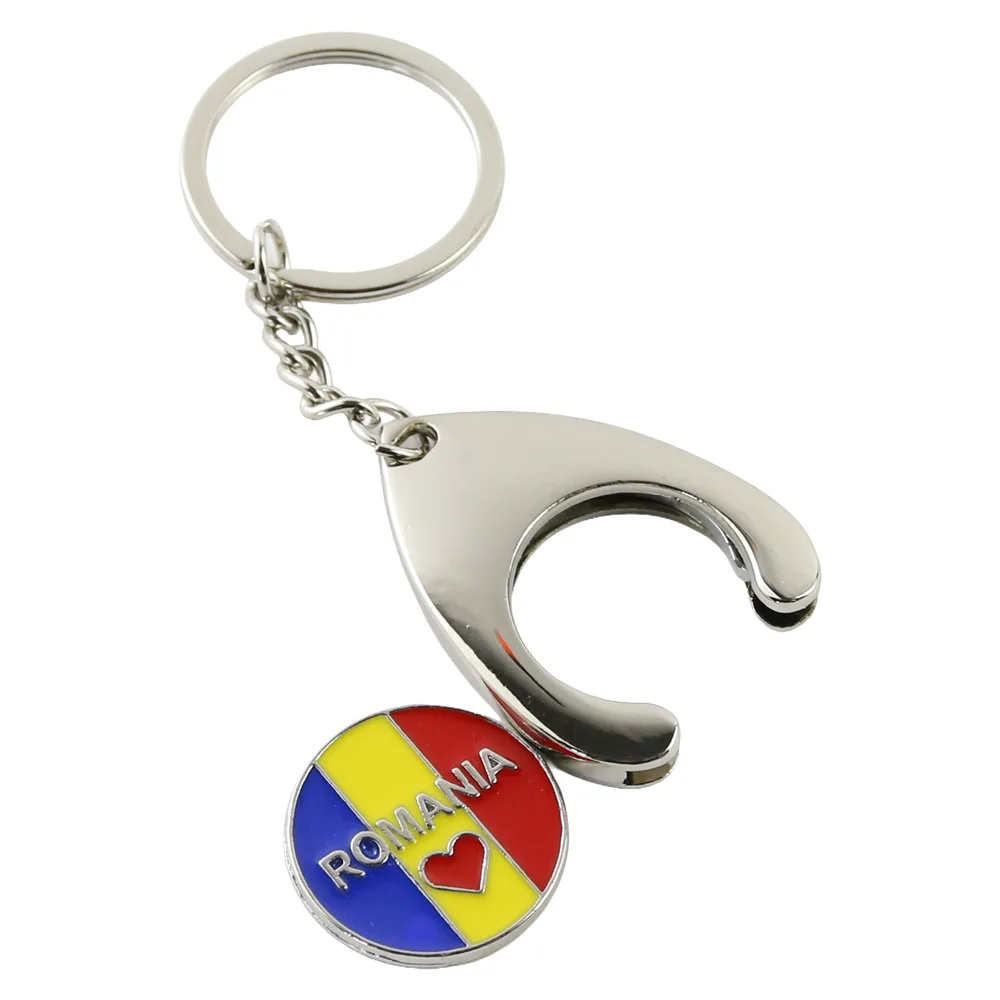Breloc metalic "Romania" cu jeton pentru carucioare de cumparaturi 3 x 9 cm