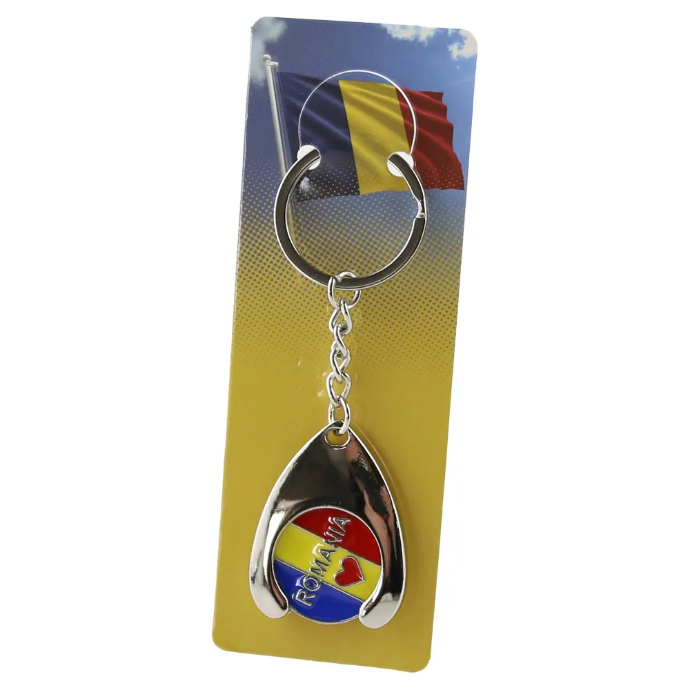Breloc metalic "Romania" cu jeton pentru carucioare de cumparaturi 3 x 9 cm