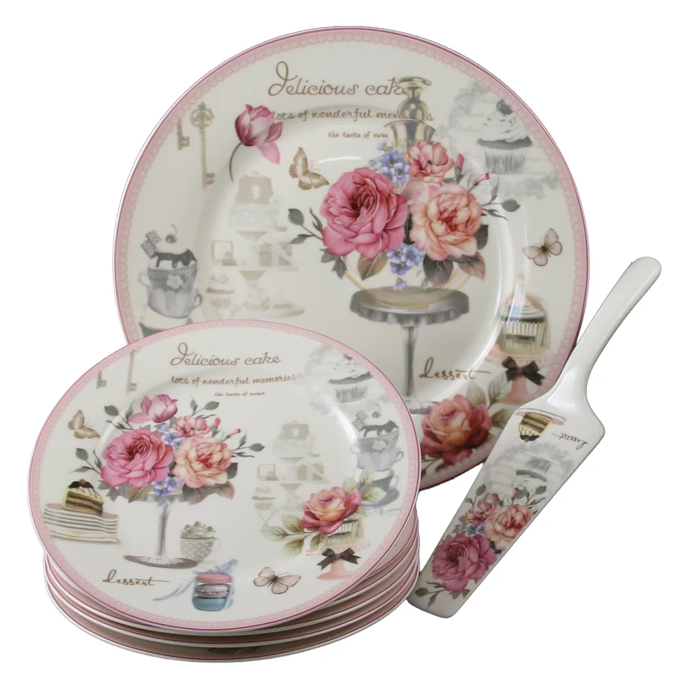 Set de tort 8 piese platou cu 6 farfurii si o spatula Delicious Cake 27 / 19 cm Set de tort 8 piese platou cu 6 farfurii si o spatula Delicious Cake 27 / 19 cm