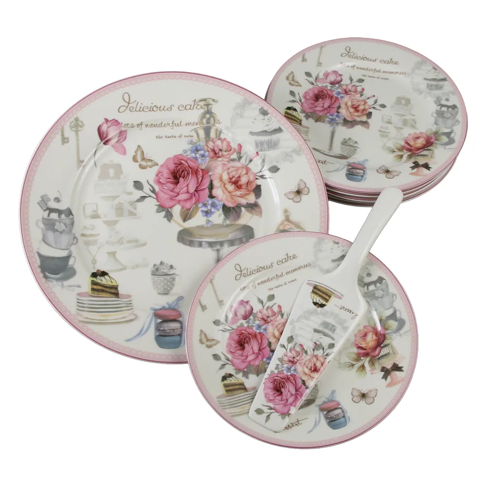Set de tort 8 piese platou cu 6 farfurii si o spatula Delicious Cake 27 / 19 cm Set de tort 8 piese platou cu 6 farfurii si o spatula Delicious Cake 27 / 19 cm