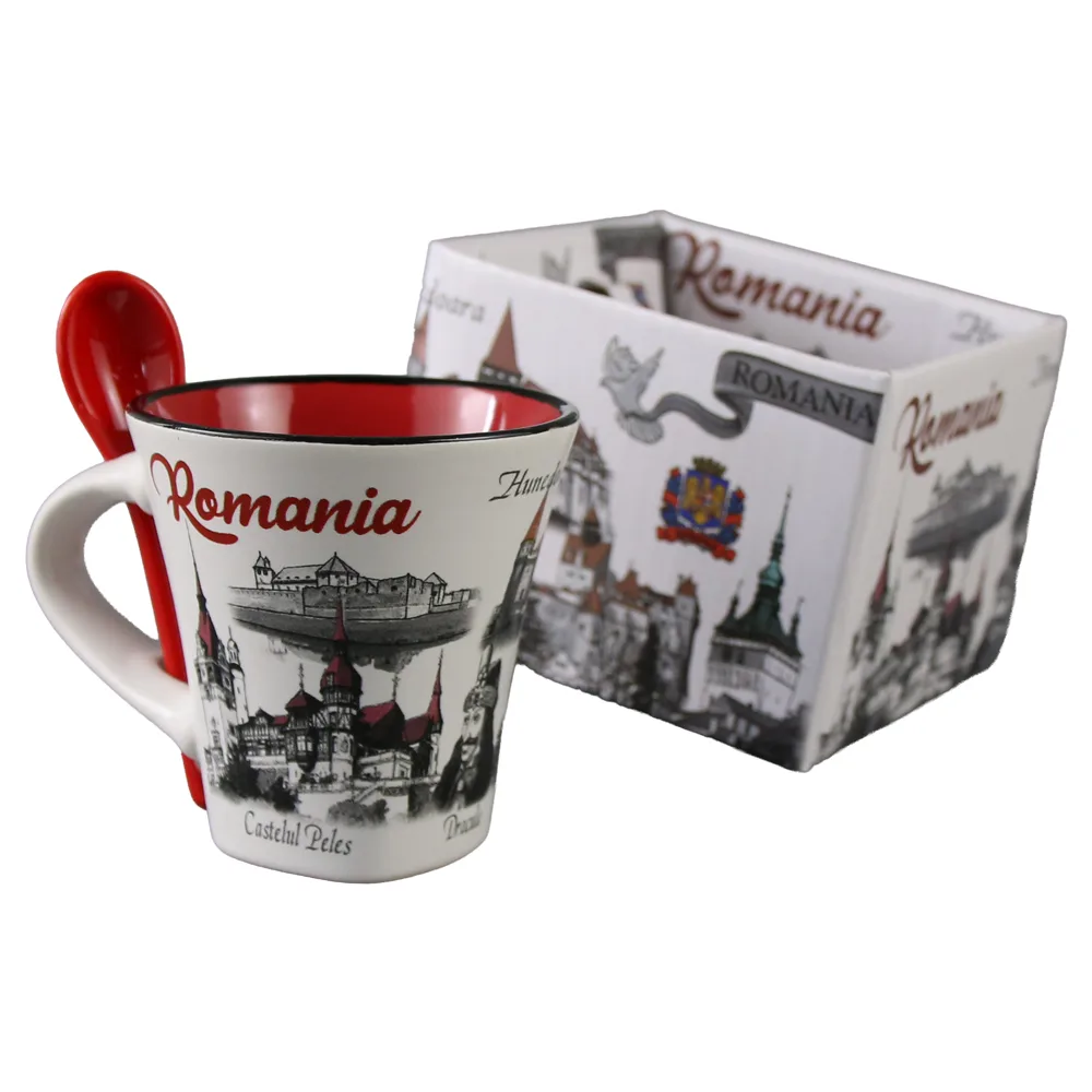 Cana din ceramica cu lingurita "Romania" 90 ml castele / porumbel