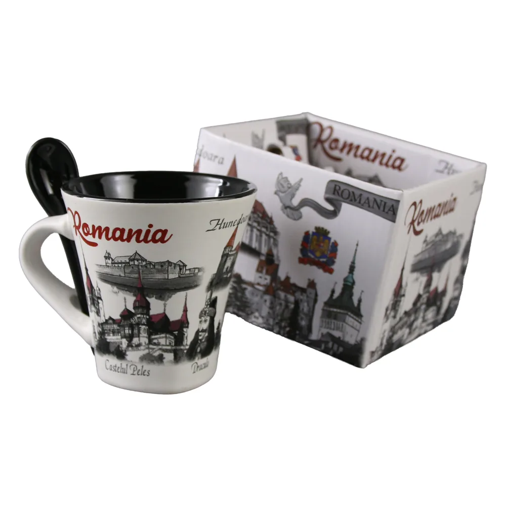Cana din ceramica cu lingurita "Romania" 90 ml castele / porumbel