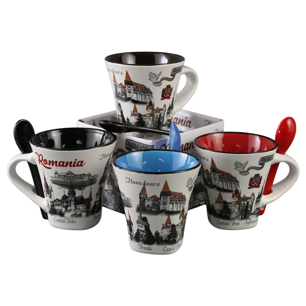Cana din ceramica cu lingurita "Romania" 90 ml castele / porumbel