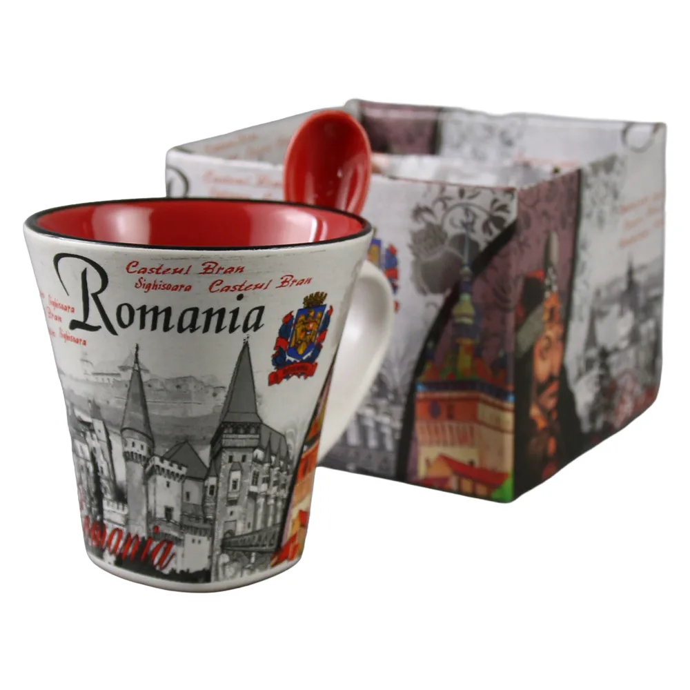 Cana din ceramica cu lingurita "Romania" 90 ml castele / Stema Romaniei