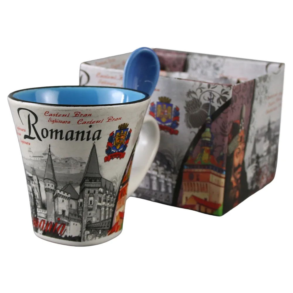 Cana din ceramica cu lingurita "Romania" 90 ml castele / Stema Romaniei