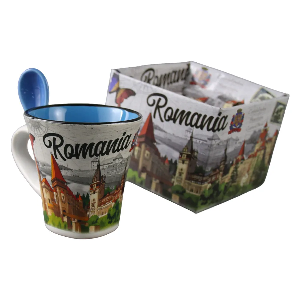 Cana din ceramica cu lingurita "Romania" 90 ml castele / fluturas