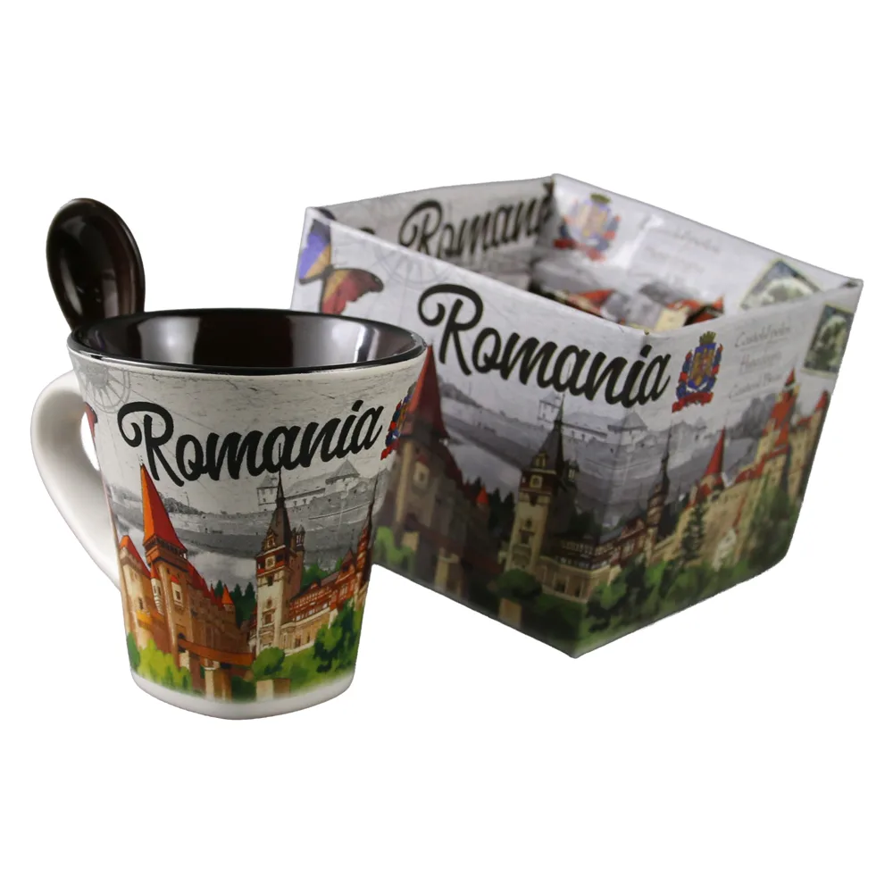 Cana din ceramica cu lingurita "Romania" 90 ml castele / fluturas
