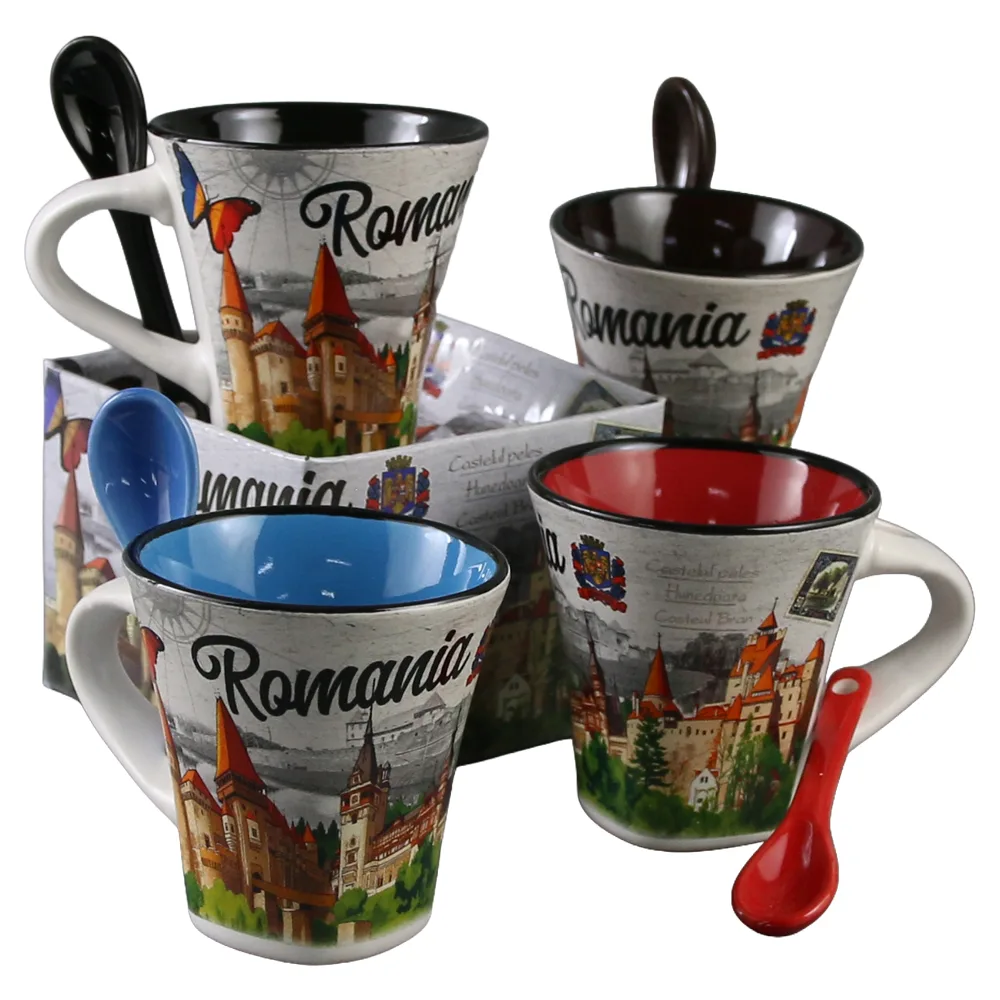 Cana din ceramica cu lingurita "Romania" 90 ml castele / fluturas