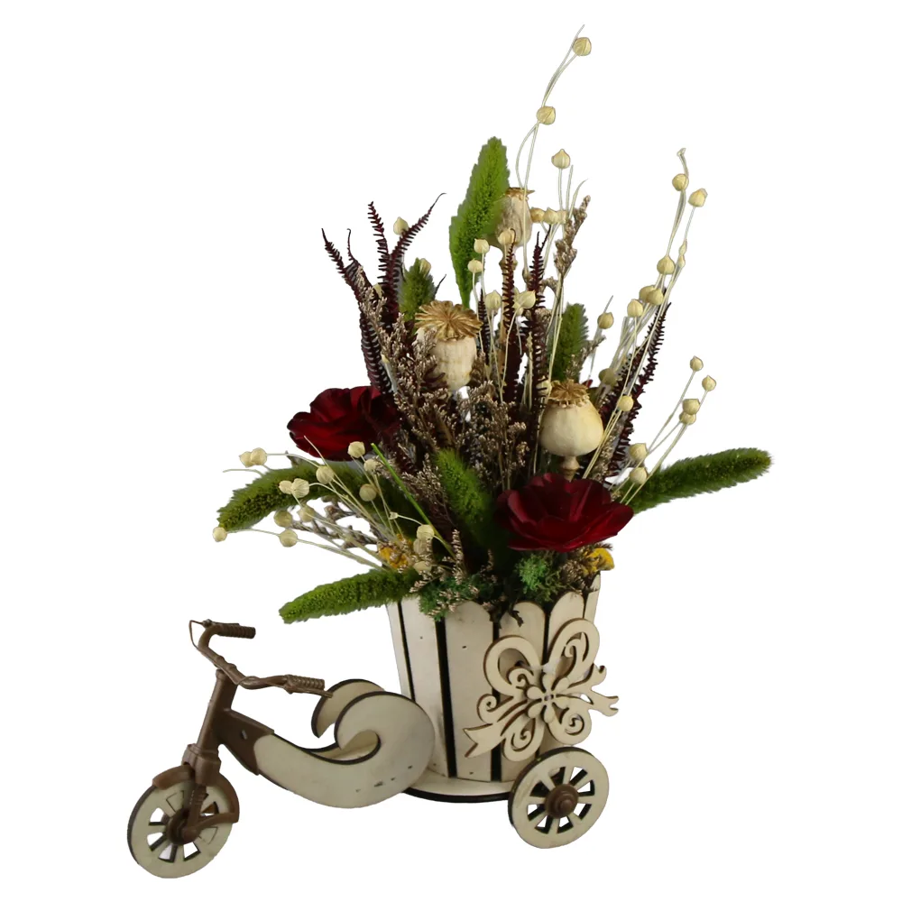 Aranjament floral cu plante uscate in bicicleta din lemn 24 cm Aranjament floral cu plante uscate in bicicleta din lemn 24 cm