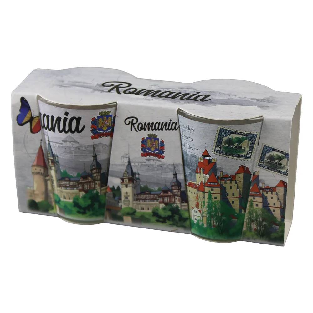 Set 2 pahare tarie din sticla "Romania" Castelul Peles / Hunedoara / Bran Set 2 pahare tarie din sticla "Romania" Castelul Peles / Hunedoara / Bran