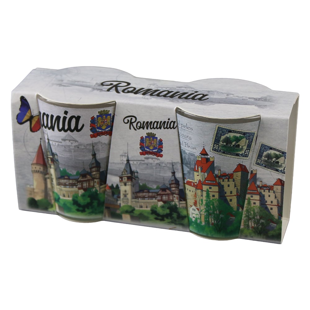 Set 2 pahare tarie din sticla "Romania" Castelul Peles / Hunedoara / Bran Set 2 pahare tarie din sticla "Romania" Castelul Peles / Hunedoara / Bran