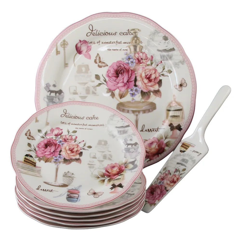 Set de tort 8 piese platou cu 6 farfurii si o spatula Delicious Cake wonderful memories 27 / 19 cm Set de tort 8 piese platou cu 6 farfurii si o spatula Delicious Cake wonderful memories 27 / 19 cm