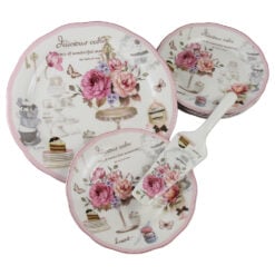 Set de tort 8 piese platou cu 6 farfurii si o spatula Delicious Cake wonderful memories 27 / 19 cm