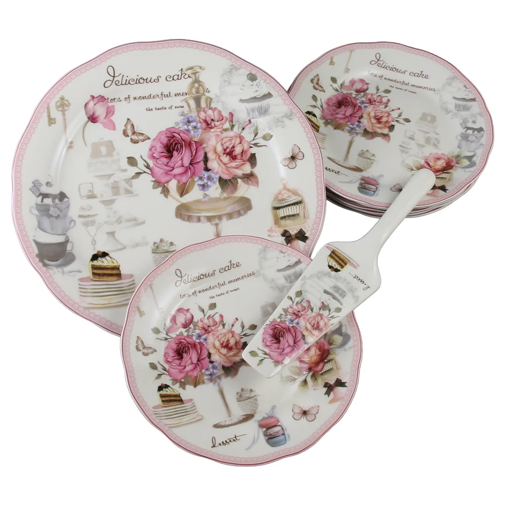 Set de tort 8 piese platou cu 6 farfurii si o spatula Delicious Cake wonderful memories 27 / 19 cm Set de tort 8 piese platou cu 6 farfurii si o spatula Delicious Cake wonderful memories 27 / 19 cm