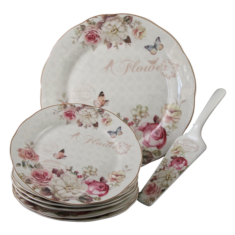 Set de tort 8 piese platou cu 6 farfurii si spatula Flower 27 / 19 cm Set de tort 8 piese platou cu 6 farfurii si spatula Flower 27 / 19 cm