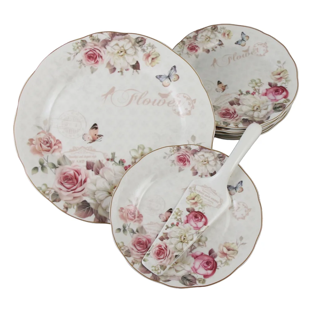 Set de tort 8 piese platou cu 6 farfurii si spatula Flower 27 / 19 cm