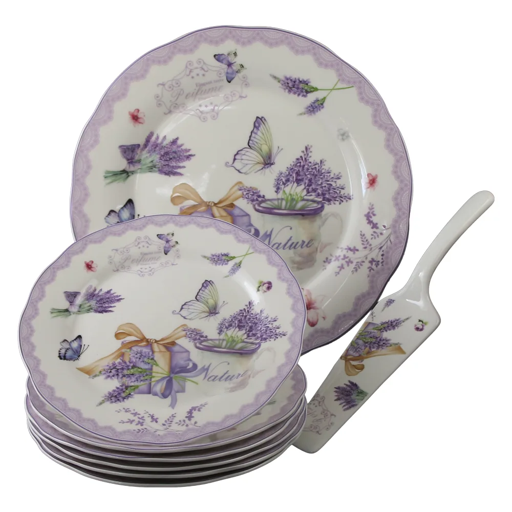 Set de tort 8 piese platou cu 6 farfurii si spatula Lavender Elegant Taste 27 / 19 cm Set de tort 8 piese platou cu 6 farfurii si spatula Lavender Elegant Taste 27 / 19 cm