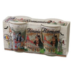 Set 2 pahare tarie din sticla "Romania" Castele / Cuplu in port traditional