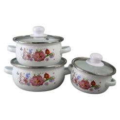 Set 3 cratite emailate cu capac 16 / 14 / 12 cm "London" cu flori